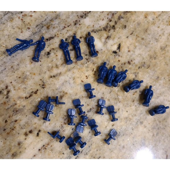 Miniature Tiny Little Blue Men Game Pieces?? Army Figures. Chairs Lot of 25 - Picture 1 of 6